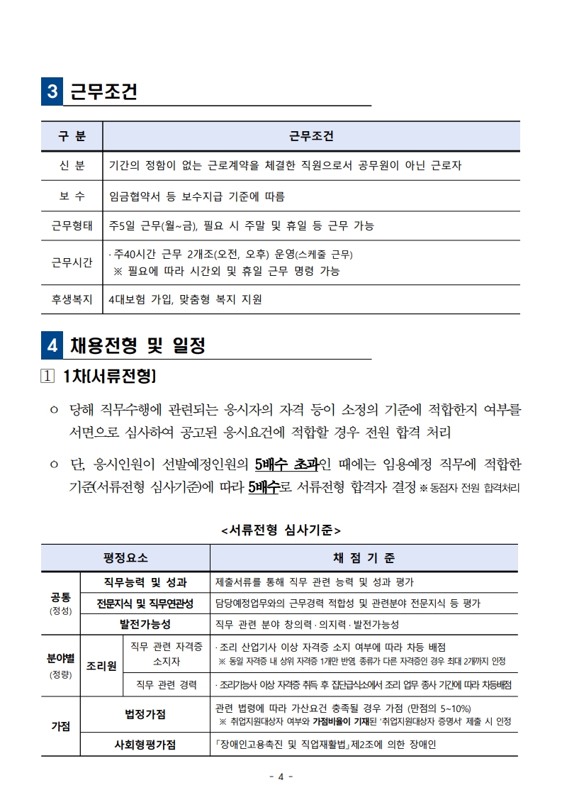 근무조건: 무기계약직, 임금은 협약서 기준, 주5일 근무, 스케줄 근무제, 주 40시간 운영(오전, 오후 조), 시간외 및 휴일 근무 명령 가능. 4대 보험 가입, 맞춤형 복지 지원. 채용전형 및 일정: 1차 서류전형, 직무수행 적합성, 자격 기준 심사. 응시인원이 선발예정 인원의 5배수 초과 시 5배수로 서류전형 합격자 결정. 서류전형 심사기준: 직무능력 및 성과, 직무 관련 자격증, 경력, 법정가점, 사회형평가점 등 항목별 점수 기준에 따라 평가.