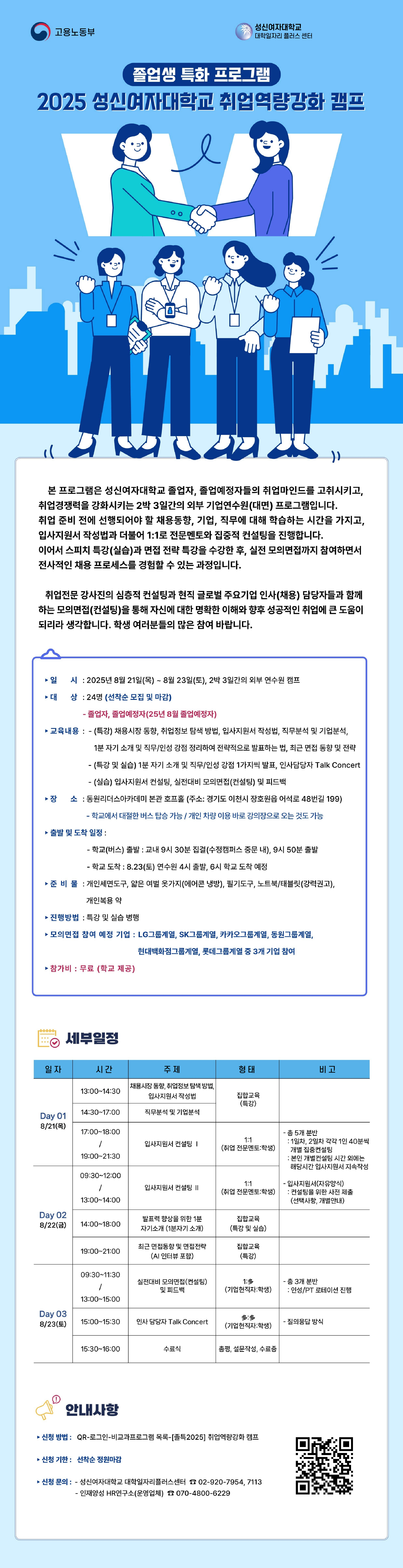 2025 성신여자대학교 취업역량강화 캠프 홍보 포스터. 상단에 고용노동부 로고와 성신여자대학교 대학일자리플러스센터 로고가 나란히 위치함. 중앙에는 '졸업생 특화 프로그램 2025 성신여자대학교 취업역량강화 캠프' 문구가 큼지막하게 들어가 있음. 두 명의 여성이 서로 악수하는 일러스트 이미지와, 아래쪽에는 4명의 여성 캐릭터가 각자 명찰이나 서류를 들고 자신감 있게 서 있는 모습이 그려져 있음. 하단에는 본 프로그램의 설명이 장문으로 적혀 있음. 프로그램은 졸업생과 졸업예정자의 취업 마인드 고취와 취업 경쟁력 강화를 위한 외부 기업연수원(대면) 프로그램임. 채용동향, 기업 분석, 직무 이해, 입사지원서 작성법, 전문멘토링, 스피치 및 모의면접 실습, 면접전략 특강, Talk Concert 등 다양한 활동을 포함함. 실전 중심의 전사적 채용 프로세스를 경험할 수 있도록 설계된 프로그램임. 참가자들은 실제 기업 인사 담당자와 함께하는 모의면접을 통해 실전 대비 가능. 2025 성신여자대학교 취업역량강화 캠프 세부 안내 페이지. '일시: 2025년 8월 21일(목) ~ 8월 23일(토), 2박 3일 외부 연수원 캠프'라고 명시되어 있고, '대상: 24명 (선착순 모집 및 마감)'으로 안내되어 있음. 대상자는 졸업자 및 2025년 8월 졸업예정자. 교육내용은 채용시장 동향, 취업정보 탐색 방법, 입사지원서 작성법, 기업 및 직무 분석, 1분 자기소개 및 인성강점 발표, 인사담당자 Talk Concert, 입사지원서 컨설팅, 실전 모의면접 피드백 등으로 구성됨. 장소는 경기도 이천시 장호원읍 어수로 48번길 199에 위치한 동원리더스아카데미 분관 호프홀이며, 학교 버스 및 개인 차량 이용 가능. 출발 및 도착 일정은 교내 오전 9시 30분 집결 후 9시 50분 출발, 8월 23일 오후 4시 연수원 출발, 오후 6시 학교 도착 예정. 준비물로는 개인면도구, 얇은 여벌 옷, 필기도구, 노트북이나 태블릿, 개인 복용 약 등을 안내하고 있음. 참가비는 무료이며, LG, SK, 카카오, 동원, 현대백화점, 롯데 등 대기업 중 3곳이 모의면접에 참여 예정임.성신여자대학교 취업역량강화 캠프의 3일간 세부일정이 표 형식으로 정리되어 있음. Day 01(8월 21일 목요일): 13시부터 14시 30분까지 채용시장 동향 및 입사지원서 작성법, 14시 30분부터 17시까지 직무분석 및 기업분석 특강, 17시부터 18시 및 19시부터 21시 30분까지 입사지원서 1:1 컨설팅. Day 02(8월 22일 금요일): 9시 30분부터 14시까지 입사지원서 1:1 컨설팅 지속, 14시부터 18시까지 1분 자기소개 발표력 향상 실습, 19시부터 21시까지 최근 면접동향 및 전략 특강(AI면접 포함). Day 03(8월 23일 토요일): 9시 30분부터 15시까지 실전 모의면접 및 피드백(인성/PT 로테이션 면접), 15시부터 15시 30분까지 인사담당자 Talk Concert, 15시 30분부터 16시까지 수료식. 하단 안내사항으로는 QR코드를 통한 신청 방법과 선착순 모집, 대학일자리플러스센터 및 인재양성 HR연구소 문의처 전화번호가 함께 제공되어 있음. 1. 모집개요. 근무지: 경기도 수원시 영통구 광교로 145(광교 테크노밸리 내). 임용 후 근무지 변경 가능. 모집 인원은 총 7명. 모집 분야: 반도체기술혁신팀, 재난안전연구센터, 경영기획실. 각 부서별로 연구직 또는 행정직이며, 직급은 3급~5급. 계약기간은 대부분 2025년 말 또는 2026년 6월까지. 사업내용 요약: 반도체 인력양성, 재난안전정책연구, 대외협력, 행정지원 등. 유의사항: 계약기간은 사업진행 상황에 따라 변경될 수 있음. 육아휴직 대체자의 경우 복직여부에 따라 계약연장 가능 여부 달라질 수 있음. 최종합격자는 예비합격자 포함 별도 선발될 수 있음. 2. 모집분야 및 직무내용. 부서별 세부 직무 안내. 반도체기술혁신팀의 경우 4급 연구직 2명과 행정직 1명 모집. 세부업무: 양산지원사업 기획 및 운영, 사업성과 관리, 유관 기술개발사업 관리 등. 재난안전연구센터는 정책연구 기획(3급), 정책연구 지원 및 대외협력 지원(5급) 등. 경영기획실은 5급 행정직 1명(육아휴직 대체) 채용, 일반 행정업무 전반 수행. 공통 직무: 보고자료 작성, 예산 집행, 구매, 실적관리, 유관기관 대응 등.3. 자격요건. 공통사항: 지역·성별 제한 없음. 자격 조건에 따라 응시 가능. 모집분야별 응시자격 및 우대사항 명시됨. 반도체기술혁신팀 연구직(4급): 박사학위 또는 관련분야 7년 이상 경력, 관련분야 전공자. 우대: 공공기관 반도체 지원사업 유경험자. 행정직(4급): 자료분석 관련 5년 이상 경력 또는 석사 이상. 우대: 행정·홍보·기획 등 공공기관 경험자.자격요건 계속. 재난안전연구센터 연구직(3급): 박사학위 후 5년 이상 또는 석사 후 12년 이상 경력, 관련분야 전공자. 우대사항: 정부 및 지자체 출연 연구기관 경력. 5급 연구직 및 행정직: 학사 졸업 이상, 연구보조 및 데이터 분석 수행 가능자, 관련분야 경험자 우대. 경영기획실 행정직(5급): 전문학사 이상, 공공기관 근무 경험자 우대. 하단 주석: 졸업 및 학위 인정 기준 명시. 공공기관 증명서 등은 가점 참고용으로만 사용됨.6. 전형안내  모집공고 및 원서접수 기간: 2025년 7월 25일(금) 14:00 ~ 8월 5일(화) 14:00까지 (접수 마감은 14시)  방식: 온라인 접수 (24시간 가능, 방문접수/개별 이메일 접수 불가)   1차 전형 (필기) 일정: 2025년 8월 7일(목) 10:00~15:00  대상: 최종지원자 전원  방식: 30문항 온라인 인성검사  주의:  미응시 시 탈락 처리  인성검사 결과는 참고자료로만 활용됨   2차 전형 (서류) 일정: 2025년 8월 13일(수)  대상: 1차 전형 합격자  심사방식:  모집분야별 인원의 3배수 이하일 경우 → 모두 합격  3배수 초과 시 → 아래 3개 항목 평가 후 평균 점수 60점 이상인 자 중 고득점 순 선발  직무적합성  전공(경력/전공)  자기소개서 및 직무수행계획서   3차 전형 (면접) 일정: 2025년 8월 20일(수)  대상: 서류전형 합격자  면접방법: 대면 면접 (※ 세부사항 별도 안내)  평가항목:  기본자질: 복장/자세, 태도/예의, 의지력/포부, 지원동기/열정성, 책임감/실현성  조직 및 직무 수행능력: 직무전문성, 조직적응력, 문제해결력, 논리적 사고력, 의사소통능력  합격기준: 평균 60점 이상이며 동점자는 고득점자 우선 선정   최종합격자 임용 임용시기: 2025년 9월 중 (※ 육아휴직 대체자는 9월 22일 임용 예정)  조건:  채용 건강검진 통과  임용 등록 후 정상 출근 가능자    7. 접수 및 제출서류  접수 기간: 2025년 7월 25일(금) 14:00 ~ 8월 5일(화) 14:00  방법: 채용 홈페이지에서 온라인 접수  유의사항: 방문, 이메일 접수 불가   제출서류 🔷 지원서 작성시 온라인 작성:  지원서, 블라인드 자기소개서, 경력기술서, 직무수행계획서  블라인드 항목 유의: 성별, 출신지역, 가족사항 등 작성 금지  온라인 첨부 (PDF 스캔 사본)  졸업/학위증명서, 자격증 사본, 병적증명서 등  가점 대상자는 해당 증명서 제출 필수  연구실적 (해당자만)  논문 초록, 특허 등 증빙자료 첨부  🔷 서류전형 합격자 추가 제출 신분증 (면접시험 당일 지참)  건강검진 통보서 (면접 합격자만 추후 제출)    8. 지원자 유의사항 중복 지원 불가: 동일 기관/유사분야 타 채용공고와 동시 지원 시 전형 제외  결격사유 발생 시 임용 불가 (예: 타 기관 이직 결정, 범죄경력 등)  제출 서류는 일치해야 함: 응시원서 기재 내용과 일치하지 않으면 탈락 또는 임용 취소  피해자 구제제도 있음: 최종면접 피해자, 서류전형 피해자 등은 채용공고에 따라 이의제기 가능    4. (가점) 우대사항 대상자가점률상세 기준 예시 취업지원대상자5~10%국가유공자, 독립유공자 등 관련 법령에 의한 대상자 장애인5%장애인고용촉진법 적용 대상자 북한이탈주민5%북한이탈주민 보호 및 지원법 대상자  ※ 총점 기준 100점 범위 내에서 부여, 전형별 30% 미만 선발인원 등 조건 있음    5. 근무조건 및 임용 보수 직군연봉(기본)근무시간 연구직 3급약 6,015만 ~ 9,014만원주 5일, 1일 8시간 (09~18시) 행정직 5급약 2,823만 ~ 4,648만원  별도 보수: 식대/교통비(약 430만 원), 선택적 복지제도(연 100만 원 상당)  복리후생: 건강검진, 경조사 휴가, 유연근무제, 사내 어린이집, 구내식당 등    기타 결격사유 요약 형사 처벌 이력, 금고 이상 형, 병역 의무 불이행 등은 채용 불가  성폭력범죄, 아동청소년 대상 범죄 등 관련자 역시 불가