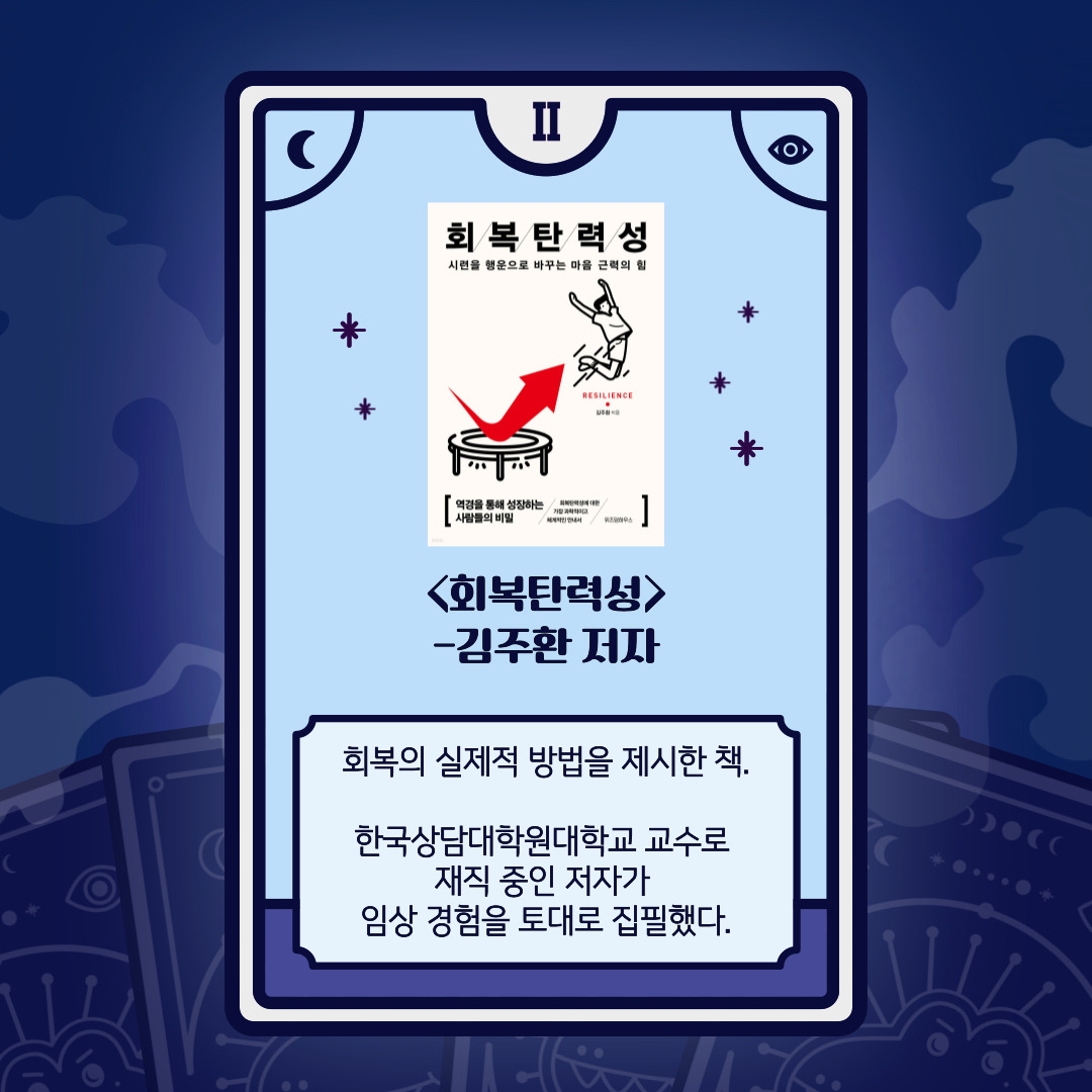 책 소개 카드 II. 책 제목: 회복탄력성. 저자: 김주환. 카드 배경은 파란색으로, 책 표지에는 빨간 화살표와 트램펄린 위에 서 있는 사람의 일러스트가 그려져 있다. 부제는 '시련을 행운으로 바꾸는 마음 근력의 힘'. 하단 설명: 회복의 실제적 방법을 제시한 책. 한국상담대학원대학교 교수로 재직 중인 저자가 임상 경험을 토대로 집필했다.
