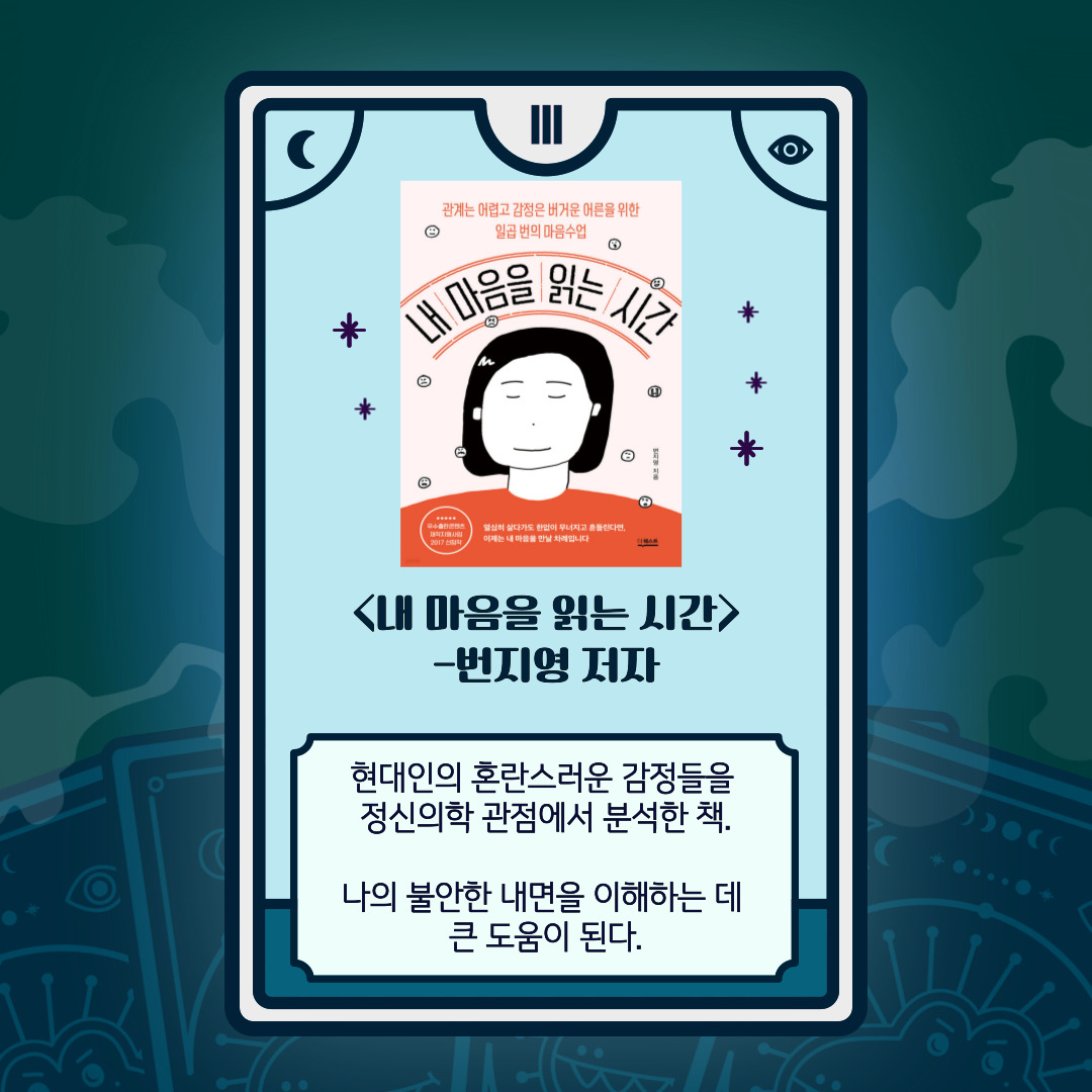 책 소개 카드 III. 책 제목: 내 마음을 읽는 시간. 저자: 변지영. 카드 배경은 녹색 계열의 신비로운 톤. 책 표지에는 흰색 바탕에 검은 선으로 얼굴을 단순화한 그림이 있으며, 글자와 숫자가 감정처럼 흩뿌려져 있다. 하단 설명: 현대인의 혼란스러운 감정들을 정신의학 관점에서 분석한 책. 나의 불안한 내면을 이해하는 데 큰 도움이 된다.