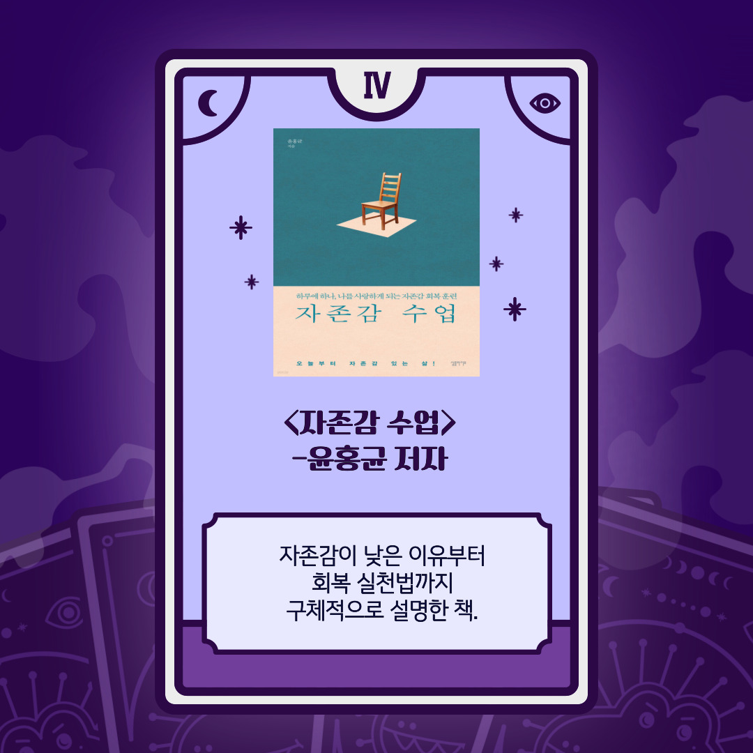 책 소개 카드 III. 책 제목: 내 마음을 읽는 시간. 저자: 변지영. 카드 배경은 녹색 계열의 신비로운 톤. 책 표지에는 흰색 바탕에 검은 선으로 얼굴을 단순화한 그림이 있으며, 글자와 숫자가 감정처럼 흩뿌려져 있다. 하단 설명: 현대인의 혼란스러운 감정들을 정신의학 관점에서 분석한 책. 나의 불안한 내면을 이해하는 데 큰 도움이 된다.