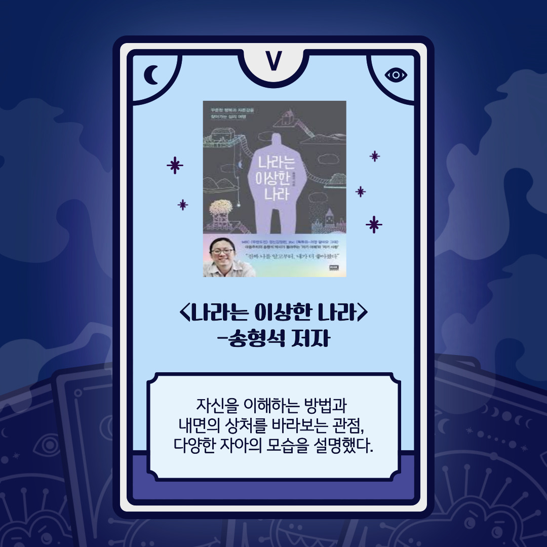책 소개 카드 V. 책 제목: 나라는 이상한 나라. 저자: 송형석. 카드 배경은 하늘색이며 책 표지에는 보라색 실루엣과 다양한 아이콘, 저자 얼굴 사진이 포함되어 있다. 하단 설명: 자신을 이해하는 방법과 내면의 상처를 바라보는 관점, 다양한 자아의 모습을 설명했다.
