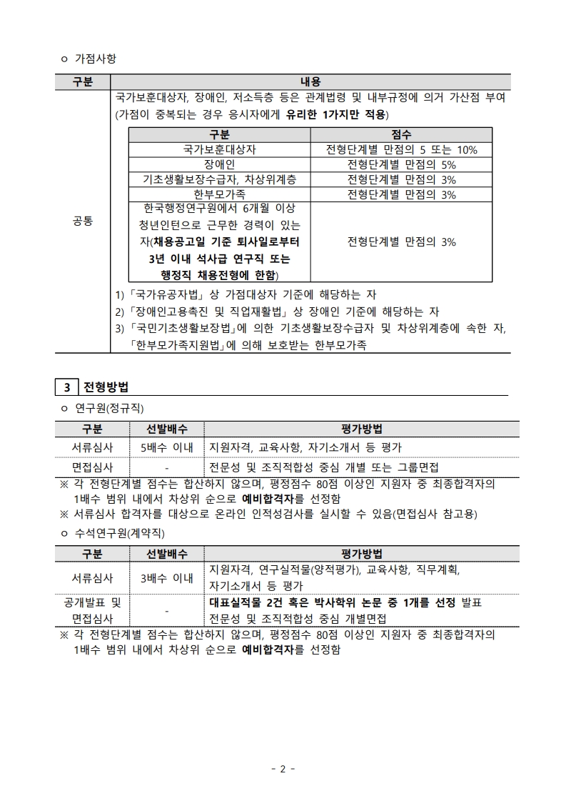 2. 응시자격 및 우대사항  [응시자격] - 연구원(정규직): 세부전공분야 석사학위 소지자(예정자 제외) - 수석연구원(계약직): 세부전공분야 박사학위 소지자(예정자 제외), 최종학위분야 외 세부전공분야 단독/제1저자/교신저자인 논문 게재실적 2편 이상 보유자 - *SCI(E), SSCI, SCOPUS, 한국연구재단 등재지 기준 최근 5년 이내 계재한 연구실적에 한함  [공통] - 임용 예정일 기준 만 60세 미만 - 남자의 경우 채용공고일 기준 병역필 또는 면제자 - 임용예정일부터 근무 가능자  [결격사유] - 국가공무원법 제33조 각 호에 해당하는 자 - 법률에 의하여 공민권이 정지 또는 박탈된 자 - 채용검사 결과 채용 부적격으로 판단된 자 - 타 기관에 부정한 방법으로 채용된 사실이 적발되어 채용이 취소된 후 5년이 경과하지 아니한 자 - 3년 이내에 음주운전을 한 사실이 확인된 자  [가점사항] - 국가보훈대상자, 장애인, 저소득층은 관계법령 및 내부규정에 따라 가산점 부여. 중복 시 1개만 적용.  국가보훈대상자: 전형단계별 만점의 5 또는 10% 장애인: 전형단계별 만점의 5% 기초생활수급자, 차상위계층: 전형단계별 만점의 3% 한부모가족: 전형단계별 만점의 3% 청년인턴 근무경력자(6개월 이상): 전형단계별 만점의 3%  ※ 조건: 채용공고일 기준 퇴사일로부터 3년 이내 석사급 연구직 또는 행정직 채용전형에 한함