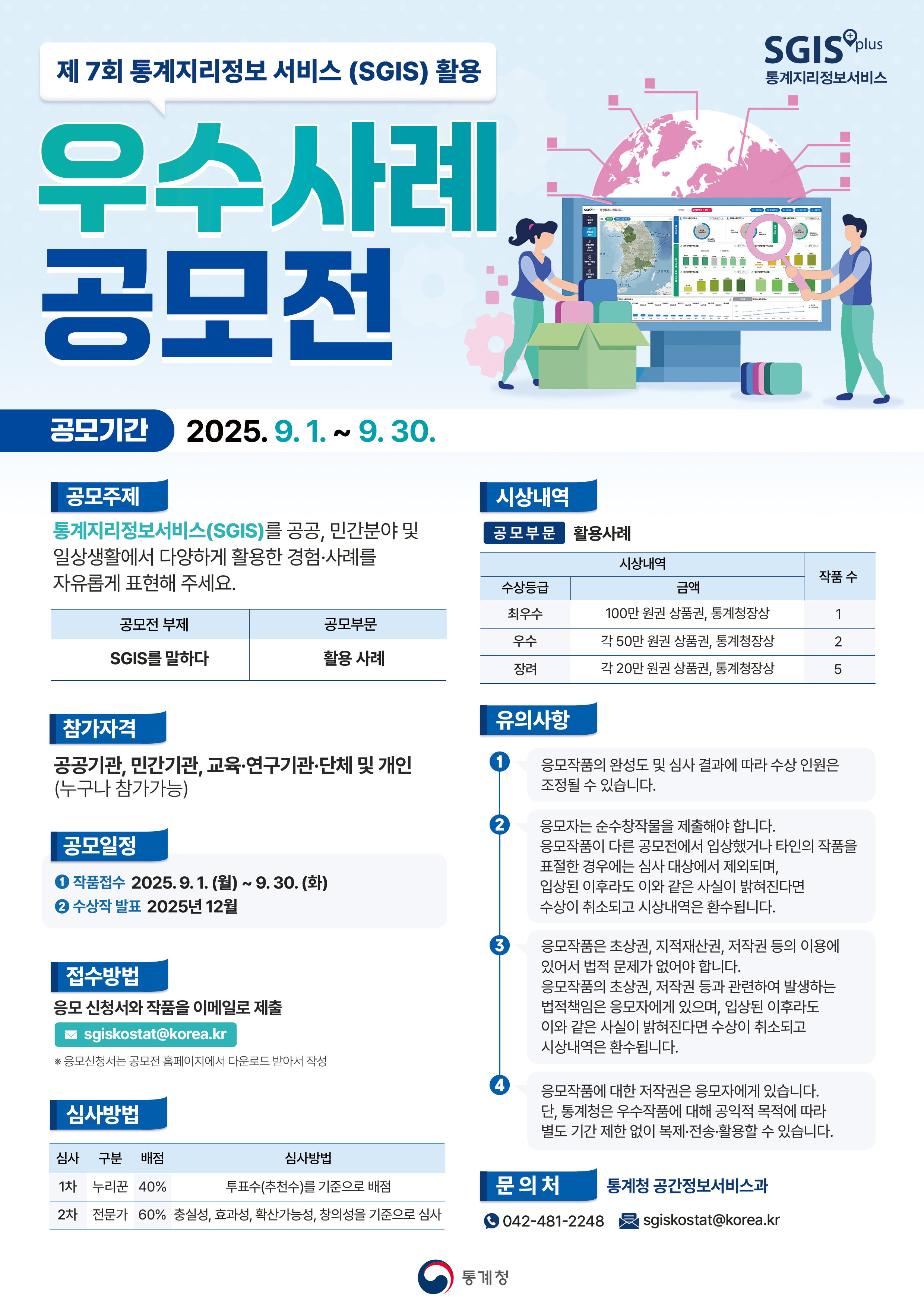 제7회 통계지리정보 서비스(SGIS) 활용 우수사례 공모전, 공모기간: 2025.9.1~9.30, 공모주제: 통계지리정보서비스(SGIS)를 공공, 민간분야 및 일상생활에서 다양하게 활용한 경험, 사례를 자유롭게 표현해 주세요. 공모전 부제: SGIS를 말하다, 공모부분: 활용사례, 참가자격: 공공기관, 민간기관, 교육,연구기관, 단체 및 개인(누구나 참가가능), 공모일정 1. 작품접수: 2025.9.1.(월)~9..30.(화) 2. 수상작 발표 2025년 12월, 접수방법: 응모 신청서와 작품을 이메일로 제출 sgiskostar@korea.kr
