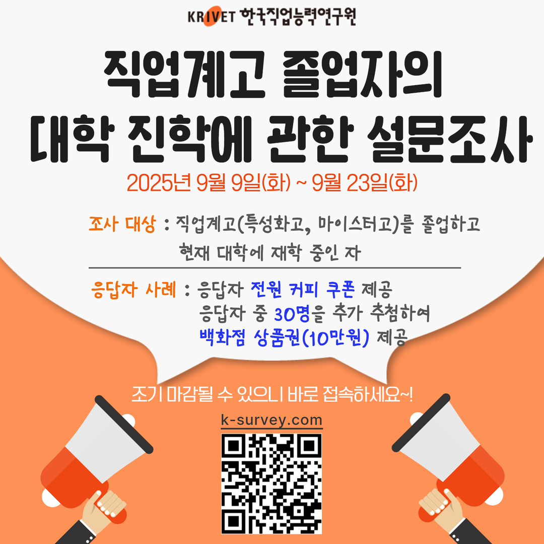 직업계고 졸업자의 대학 진학에 관한 설문조사 2025년 9월 9일(화)~9월 23일(화), 조사 대상: 직업계고(특성화고, 마이스터고)를 졸업하고 현재 대학에 재학 중인 자, 응답자 사례: 응답자 전원 커피 쿠폰 제공 응답자 중 30명을 추가 추첨하여 백화점 상품권(10만원) 제공