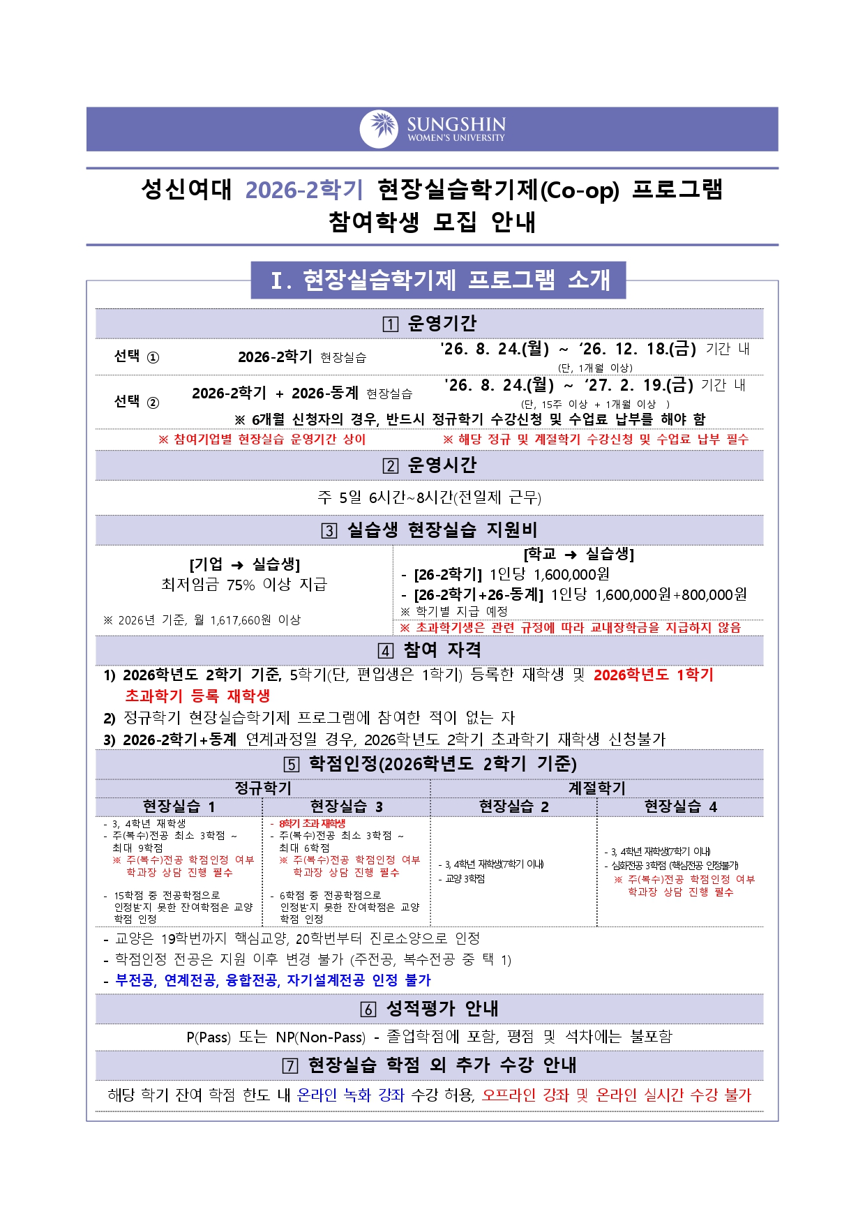 성신여대 2026-2학기 현장실습학기제(Co-op) 프로그램 참여학생 모집 안내. I. 현장실습학기제 프로그램 소개. 1. 운영기간: 선택① 2026-2학기 현장실습 26.8.24.(월)~26.12.18.(금) 기간 내(1개월 이상), 선택② 2026-2학기+2026-동계 현장실습 26.8.24.(월)~27.2.19.(금) 기간 내(15주 이상+1개월 이상), 6개월 신청자는 반드시 정규학기 수강신청 및 수업료 납부 필요, 참여기업별 현장실습 운영기간 상이. 2. 운영시간: 주 5일 6~8시간(전일제 근무). 3. 실습생 현장실습 지원비: [기업&rarr;실습생] 최저임금 75% 이상 지급(2026년 기준 월 1,617,660원 이상), [학교&rarr;실습생] [26-2학기] 1인당 1,600,000원, [26-2학기+26-동계] 1인당 1,600,000원+800,000원, 학기별 지급 예정, 초과학기생은 교내장학금 미지급. 4. 참여자격: 1) 2026학년도 2학기 기준 5학기(편입생은 1학기) 등록 재학생 및 2026학년도 1학기 초과학기 등록 재학생, 2) 정규학기 현장실습학기제 프로그램에 참여한 적이 없는 자, 3) 2026-2학기+동계 연계과정일 경우 2026학년도 2학기 초과학기 재학생 신청불가. 5. 학점인정(2026학년도 2학기 기준): 정규학기 현장실습1(3&middot;4학년 재학생, 주&middot;복수전공 최소 3~최대 9학점, 학과장 상담 필수, 잔여학점은 교양학점 인정), 현장실습3(8학기 초과 재학생, 주&middot;복수전공 최소 3~최대 6학점). 계절학기 현장실습2(3&middot;4학년 재학생 7학기 이내, 교양 3학점), 현장실습4(3&middot;4학년 재학생 7학기 이내, 심화전공 3학점, 핵심전공 인정불가). 교양은 19학번까지 핵심교양&middot;20학번부터 진로소양 인정, 학점인정 전공은 지원 이후 변경 불가(주전공&middot;복수전공 중 택1), 부전공&middot;연계전공&middot;융합전공&middot;자기설계전공 인정 불가. 6. 성적평가: P(Pass) 또는 NP(Non-Pass), 졸업학점에 포함, 평점 및 석차에는 불포함. 7. 현장실습 학점 외 추가 수강: 해당 학기 잔여 학점 한도 내 온라인 녹화 강좌 수강 허용, 오프라인 강좌 및 온라인 실시간 수강 불가.