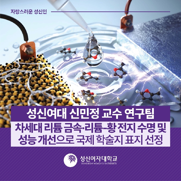 [화학·에너지융합학부] 신민정 교수 연구팀, 차세대 리튬 금속·리튬-황 전지 수명 및 성능 개선으로 국제 학술지 표지 선정 대표이미지