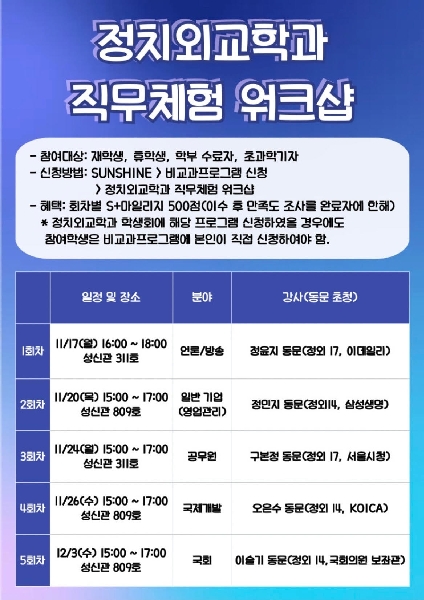 2025학년도 전공기반 비교과 프로그램: 정치외교학과 직무체험 워크숍(1~5차) 대표이미지